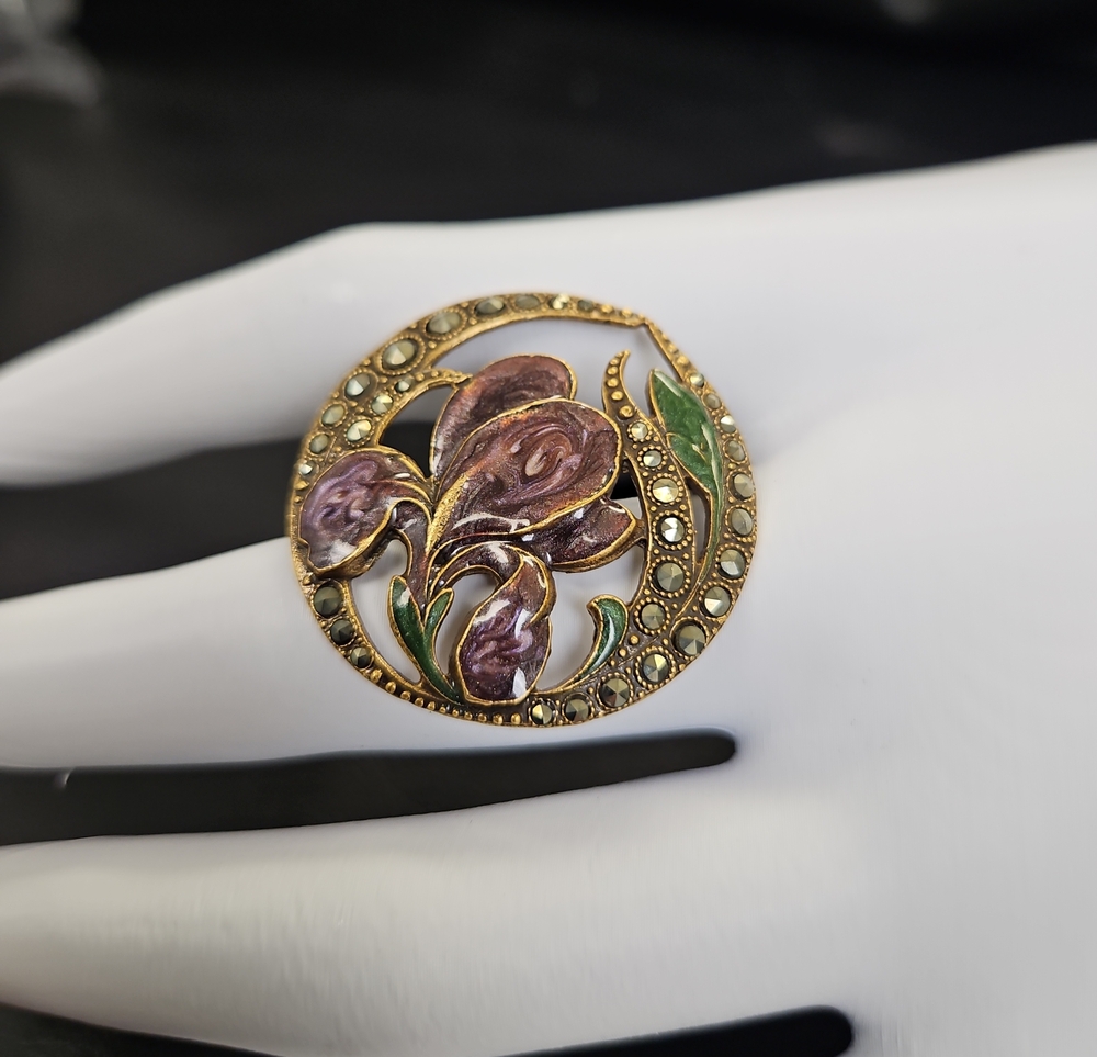 Artisan Gold-Tone Purple Floral Enamel Brooch